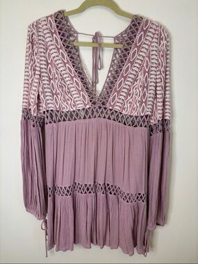 Free People Dusk Till Dawn Embroidered Mini Dress Mauve Size 6 Boho
